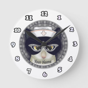 Tuxedo Cat Nurse Clock Ronde Klok