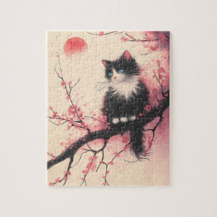 Tuxedo Cat op Cherry Blossom Japanse esthetiek Legpuzzel