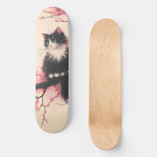 Tuxedo Cat op Cherry Blossom Japanse esthetiek Persoonlijk Skateboard (Voorkant)