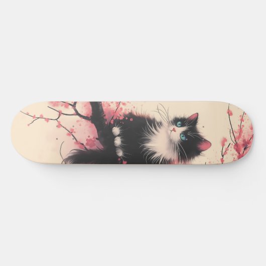 Tuxedo Cat op Cherry Blossom Japanse esthetiek Persoonlijk Skateboard (Horizontaal)