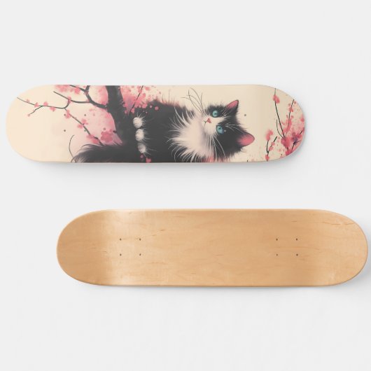 Tuxedo Cat op Cherry Blossom Japanse esthetiek Persoonlijk Skateboard (Horizontaal)