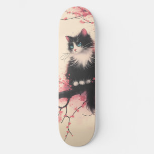 Tuxedo Cat op Cherry Blossom Japanse esthetiek Persoonlijk Skateboard