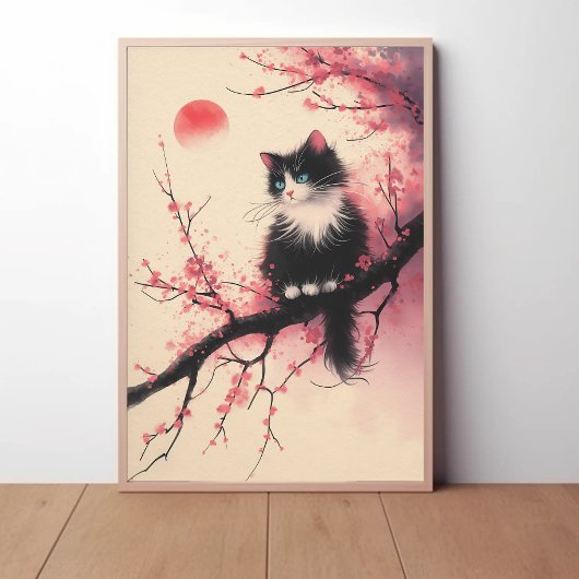 Tuxedo Cat op Cherry Blossom Japanse esthetiek Poster