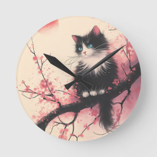 Tuxedo Cat op Cherry Blossom Japanse esthetiek Ronde Klok