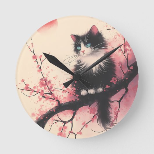 Tuxedo Cat op Cherry Blossom Japanse esthetiek Ronde Klok (Voorkant)