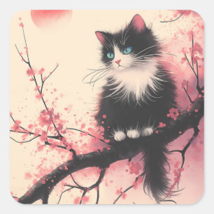 Tuxedo Cat op Cherry Blossom Japanse esthetiek Vierkante Sticker