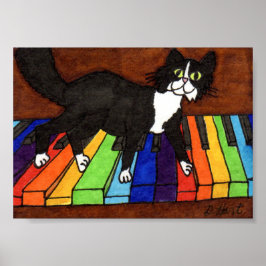 Tuxedo Cat op regenboogpiano-minikapolk Poster