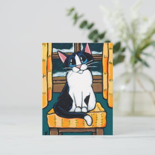 Tuxedo Cat op Snowy Window Paining Briefkaart (Staand voorkant)