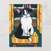 Tuxedo Cat op Snowy Window Paining Briefkaart (Voorkant)