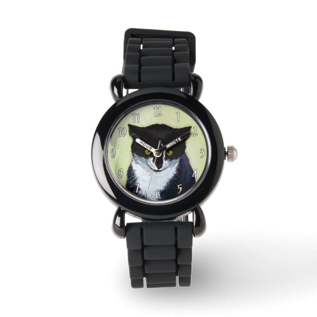 Tuxedo Cat Paining - Kute Original Cat Art Horloge (Voorkant)