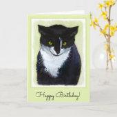 Tuxedo Cat Paining - Kute Original Cat Art Kaart (Gele Bloem)