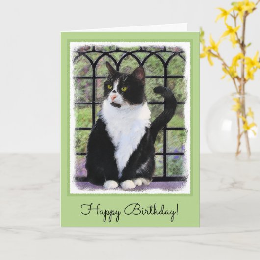 Tuxedo Cat Paining - Kute Original Cat Art Kaart (Gele Bloem)