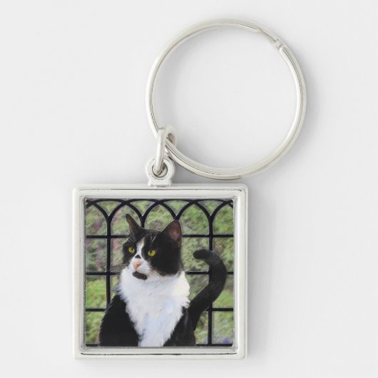 Tuxedo Cat Paining - Kute Original Cat Art Sleutelhanger (Voorkant)