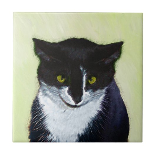 Tuxedo Cat Paining - Kute Original Cat Art Tegeltje (Voorkant)
