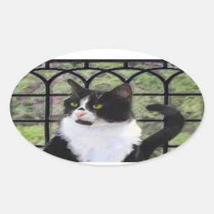 Tuxedo Cat Painting - Keer de originele kat Art Ovale Sticker