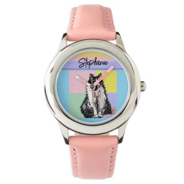 Tuxedo Cat Pastel Kleuren Roze Meisjes Naam Horloge (Voorkant)