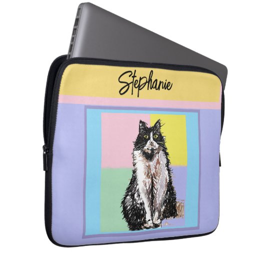 Tuxedo Cat Pastel Kleuren Roze Meisjes Naam Laptop Sleeve (Voorkant Rechts)