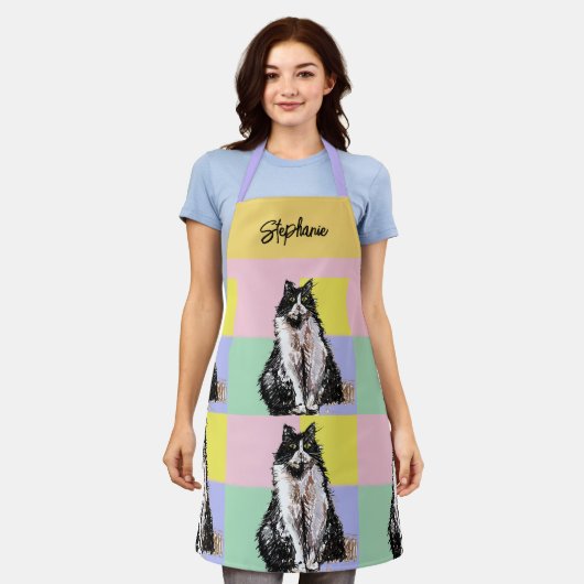 Tuxedo Cat Pastel Kleuren Roze Meisjes Naam Schort (Gedragen)