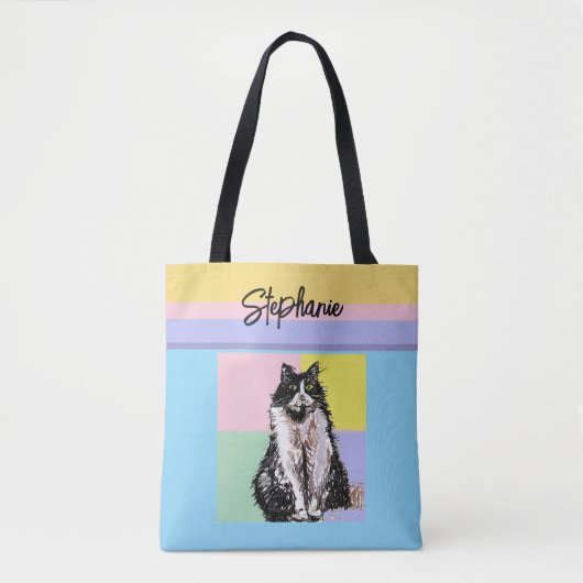 Tuxedo Cat Pastel Kleuren Roze Meisjes Naam Tote Bag (Voorkant)