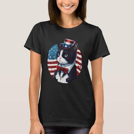 Tuxedo Cat Patriot USA 4 juli Mannen Vrouwen T-shirt (Voorkant)