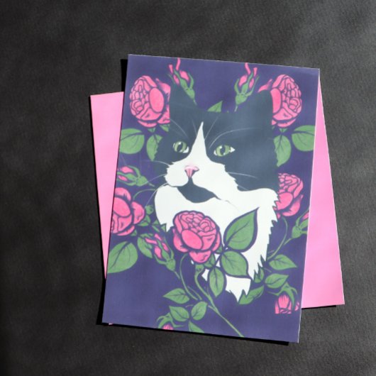 Tuxedo Cat Peony Floral Art Tuxie Cat Briefkaart