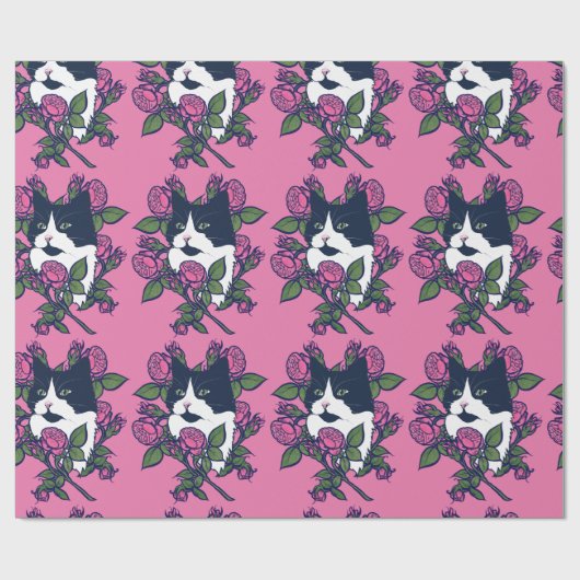Tuxedo Cat Peony Floral Art Tuxie Cats Cadeaupapier (Vlak)