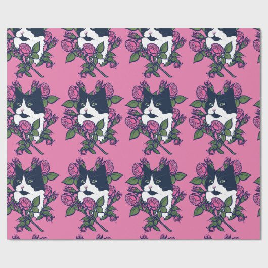 Tuxedo Cat Peony Floral Art Tuxie Cats Cadeaupapier (Vlak)