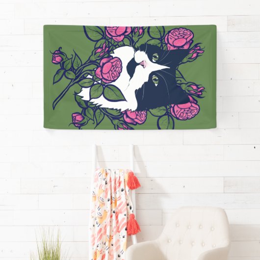 Tuxedo Cat Peony Floral Art Tuxie Cats Spandoek (Insitu)