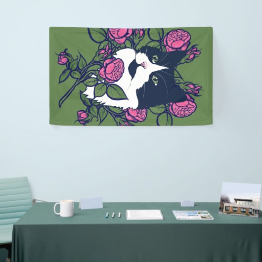 Tuxedo Cat Peony Floral Art Tuxie Cats Spandoek (Beurs)