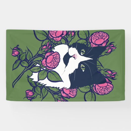 Tuxedo Cat Peony Floral Art Tuxie Cats Spandoek (Horizontaal)