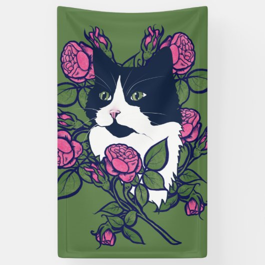 Tuxedo Cat Peony Floral Art Tuxie Cats Spandoek (Verticaal)