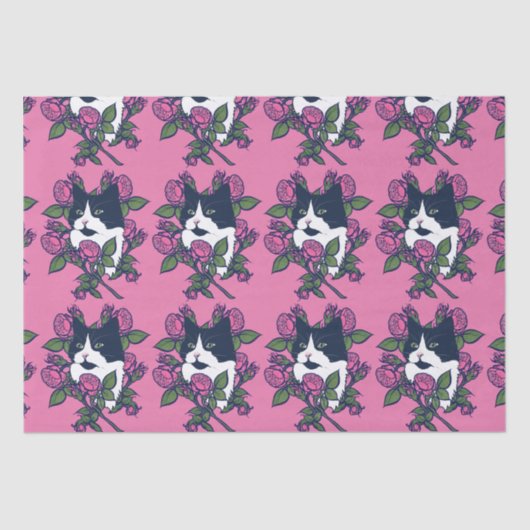 Tuxedo Cat Peony Floral Art Tuxie Cats Tissuepapier (Voorkant)