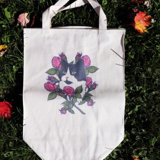 Tuxedo Cat Peony Floral Art Tuxie Cats Tote Bag