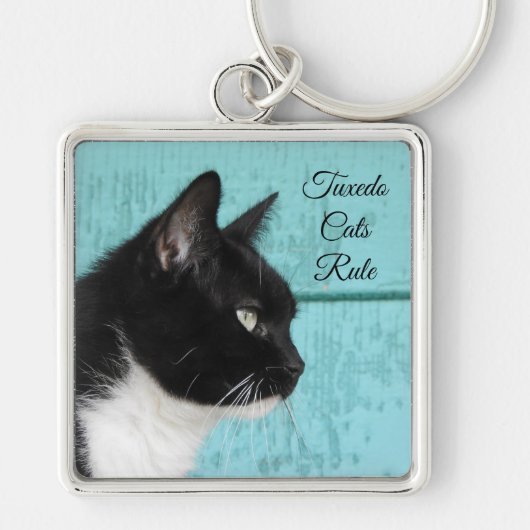Tuxedo Cat Profile on Blauwgroen Sleutelhanger (Voorkant)