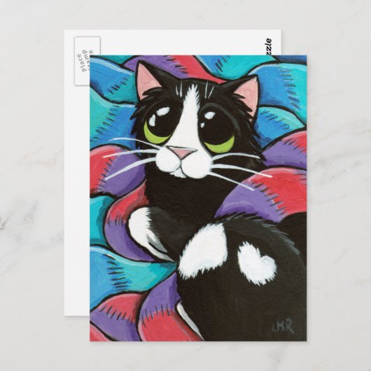 Tuxedo Cat Resting on Scarves Art Briefkaart (Voorkant / Achterkant)