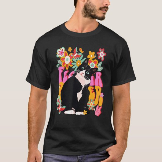 Tuxedo Cat Retro 60s 70s Vibe Flowers Peace Sign V T-shirt (Voorkant)