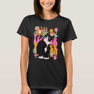 Tuxedo Cat Retro 60s 70s Vibe Flowers Peace Sign V T-shirt