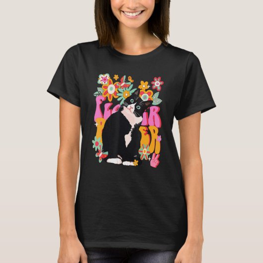Tuxedo Cat Retro 60s 70s Vibe Flowers Peace Sign V T-shirt (Voorkant)