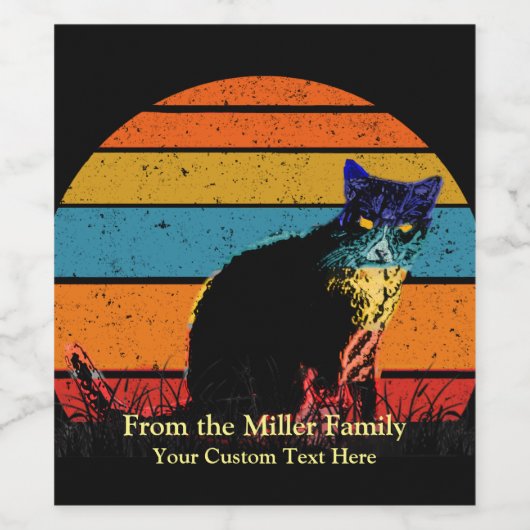 Tuxedo Cat Retro Style Sunset Wijn Etiket (Enkel label)