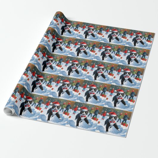 Tuxedo Cat Running in Snow met kerst Pet Cadeaupapier (Uitgerold)