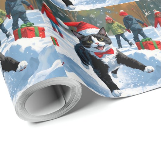 Tuxedo Cat Running in Snow met kerst Pet Cadeaupapier (Rol Hoek)