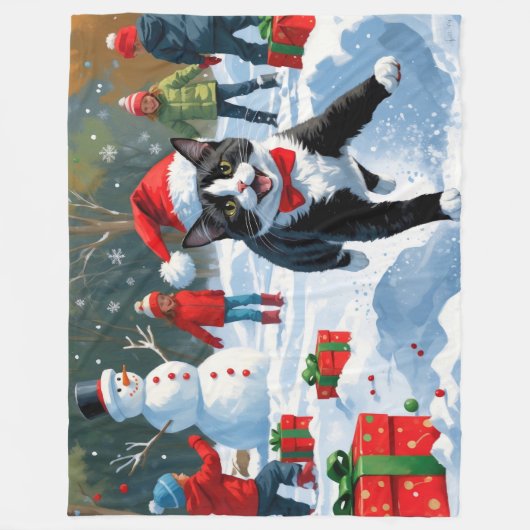 Tuxedo Cat Running in Snow met kerst Pet Fleece Deken (Voorkant)