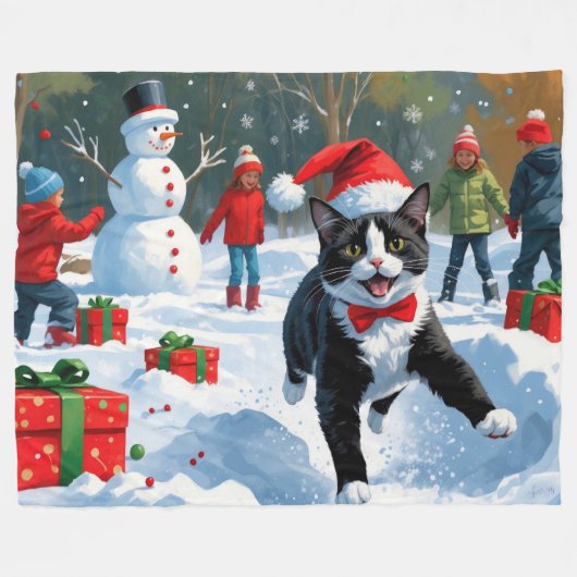 Tuxedo Cat Running in Snow met kerst Pet Fleece Deken (Voorkant (Horizontaal))
