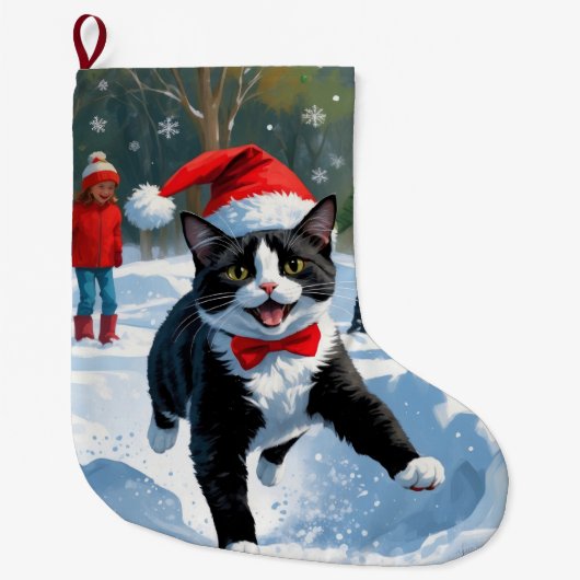 Tuxedo Cat Running in Snow met kerst Pet Grote Kerstsok (Voorkant)