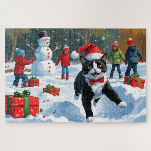 Tuxedo Cat Running in Snow met kerst Pet Legpuzzel (Horizontaal)
