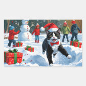 Tuxedo Cat Running in Snow met kerst Pet Rechthoekige Sticker (Voorkant)