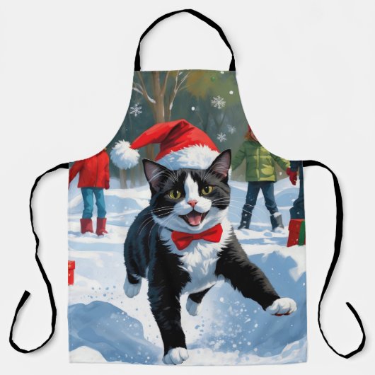 Tuxedo Cat Running in Snow met kerst Pet Schort (Voorkant)