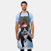 Tuxedo Cat Running in Snow met kerst Pet Schort (Gedragen)