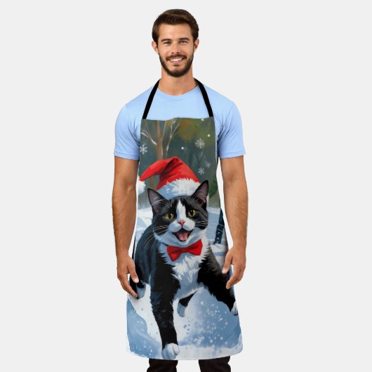 Tuxedo Cat Running in Snow met kerst Pet Schort (Gedragen)