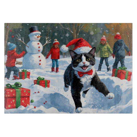 Tuxedo Cat Running in Snow met kerst Pet Snijplank (Voorkant)